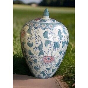 Gorgeous Vintage Chinoiserie Chinese Ginger Jar & Lid 1900-1940 Lotus Flower 11"